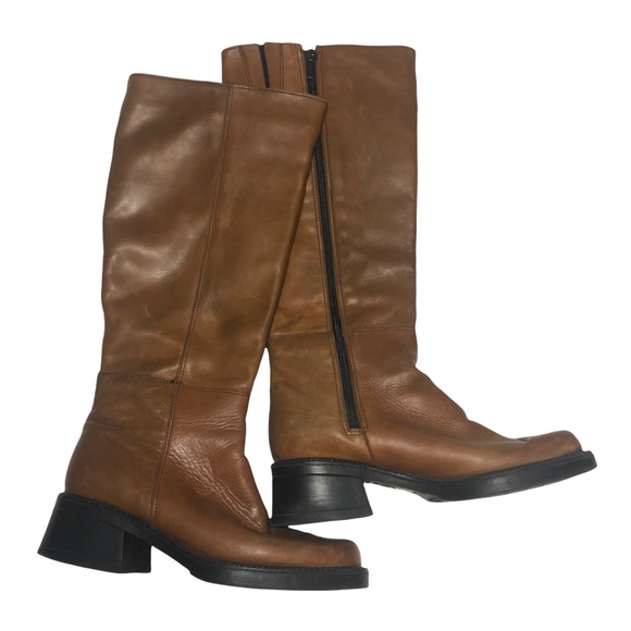 Women’s Retro Square-Toe Mid-Heel Chunky Leather Boots